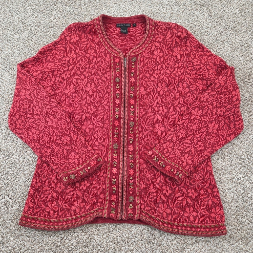 Nomadic Traders Red Knit Full Zip Cotton Ramie Blend Cardigan Sweater Women's XL